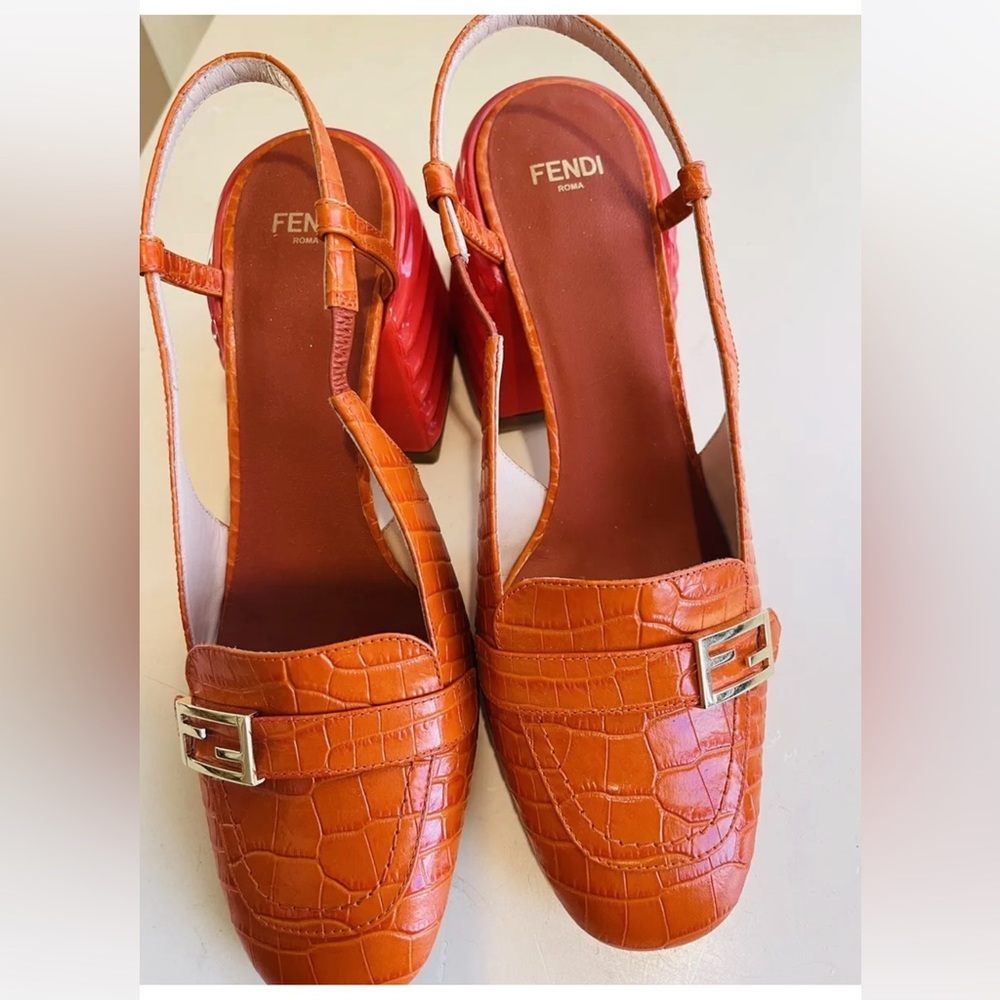 Fendi Promenade Croc Leather Slingback Orange  Pumps Size 37.5